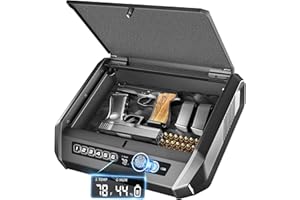 TOPMEDA Gun Safe with LCD Display, ≤0.1s Quick Access Handgun Safe for 2-4 Pistols, Hand Gun Lock Box with Fingerprint | Keypad | and Keys for Home Drawer Bedside Nightstand