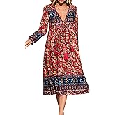 R.Vivimos Women's Long Sleeves Floral Print Retro V Neck Tassel Casual Bohemian Midi Dresses
