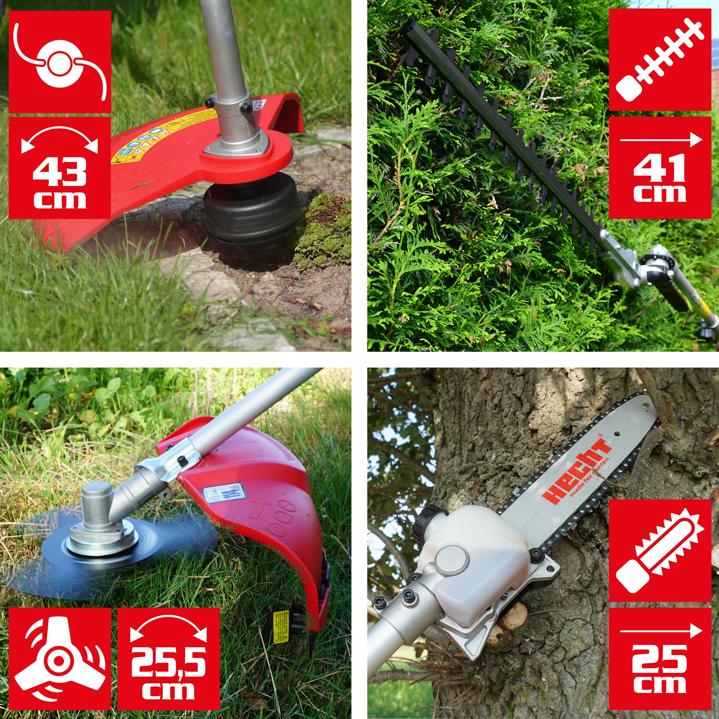 HECHT Hochwertiges 4 in 1 Benzin Multifunktionsgerät - Starke 2 PS - Freischneider, Rasentrimmer, Hochentaster und Heckenschere in Einem I Mit idealer Verlängerung 2