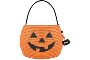 MELLBAY Halloween Basket, Halloween Trick or Treat Pumpkin Candy Bucket, Woven Personalized Halloween Baskets with Name Tag Pumpkin & White Pen for Kids Gift Basket