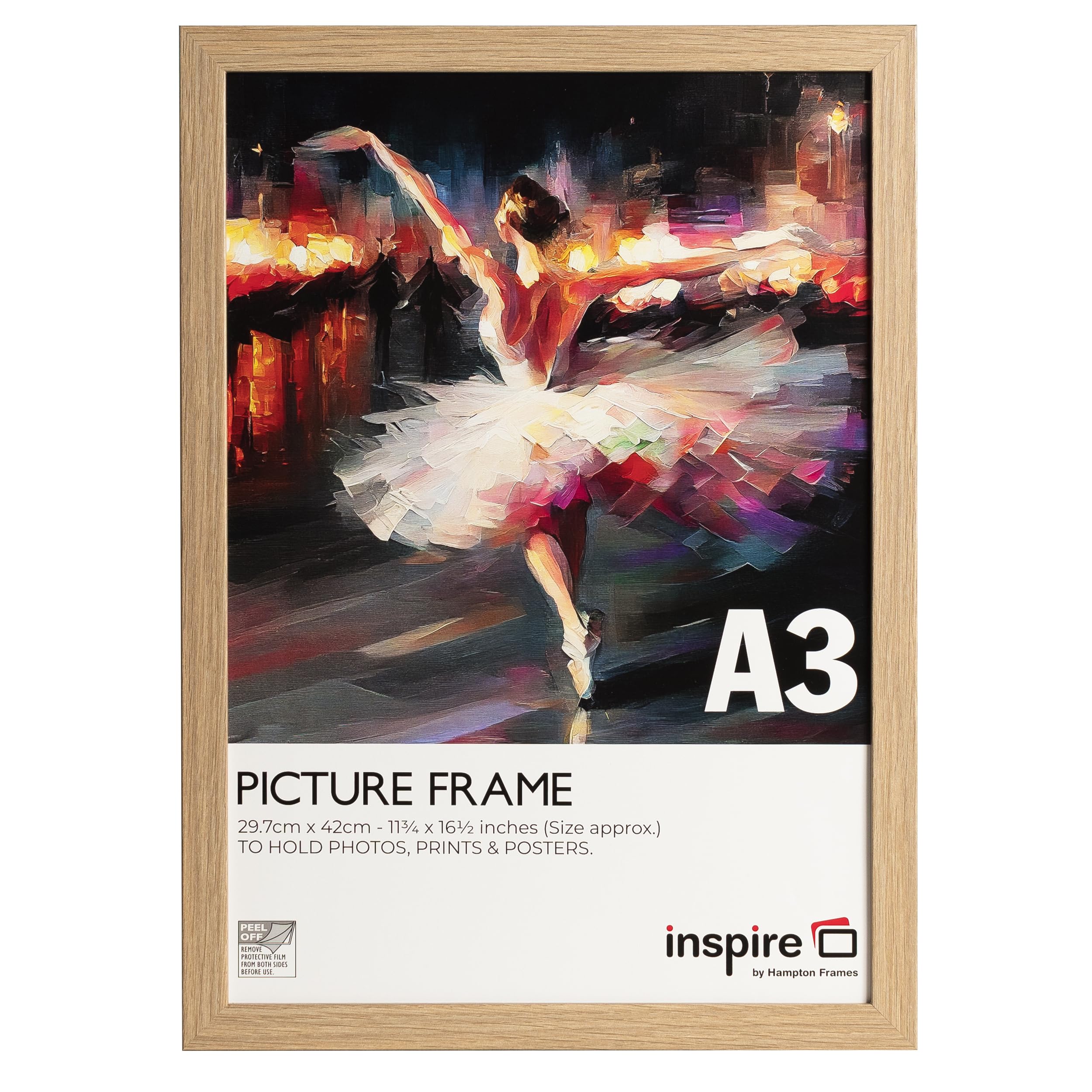 inspire by Hampton Frames | WELFORD A3 Poster Frame | 29.7x42cm, Oak MDF, Acrylic Front | Wide Profile, Wall Mount, Landscape or Portrait | Modern Display for Photos, Art, Prints