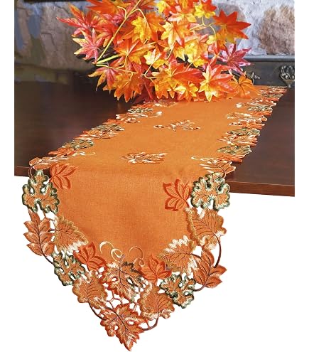 Simhomsen Embroidered Pumpkin Table Runner – Orange Fall & Thanksgiving Decor (14x120 Inches) | Polyester With Cut-Out Edges