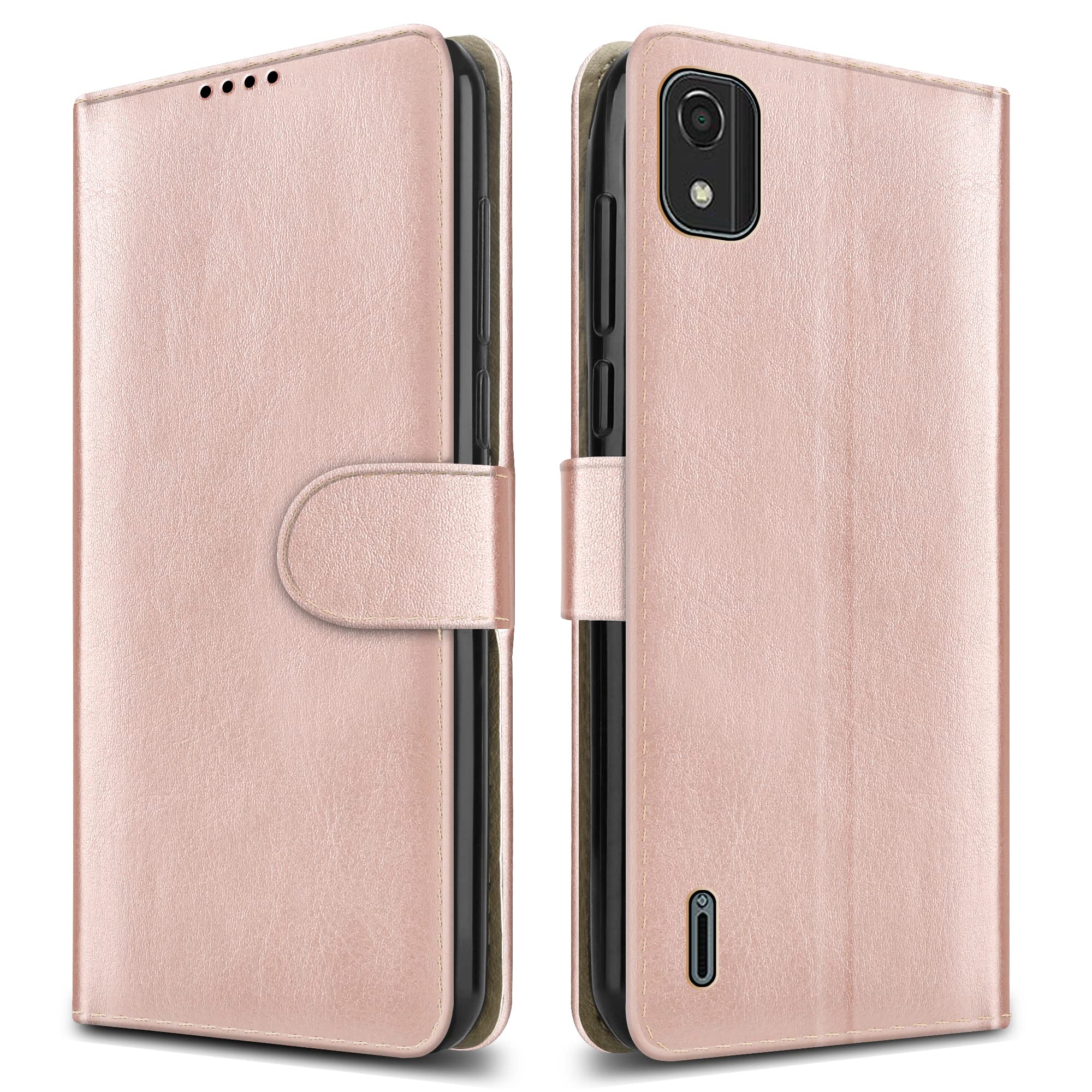 PIXFAB For Nokia C2 2nd Edition Leather Phone Case, Magnetic Closure Full Protection Book Folio Design, Wallet Case Cover [Card Slots] and [Kickstand] For Nokia C2 2nd Edition - Rose Gold