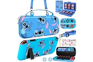 Xinocy for Nintendo Switch 9 in 1 Storage Accessories Kit with Travel Carrying Case+Switch Protective Cover+Game Case Holder+Strap+Sticker+2 Joycon Shells+2 Thumb Caps Cute for Boys Kids Girls -Stit