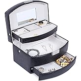Internet's Best Faux Leather 3-Tier Jewelry Case | Slide Open Jewelry Box | Multi Compartment for Rings, Earings, Necklaces & Bracelets | Interior Mirror | Black
