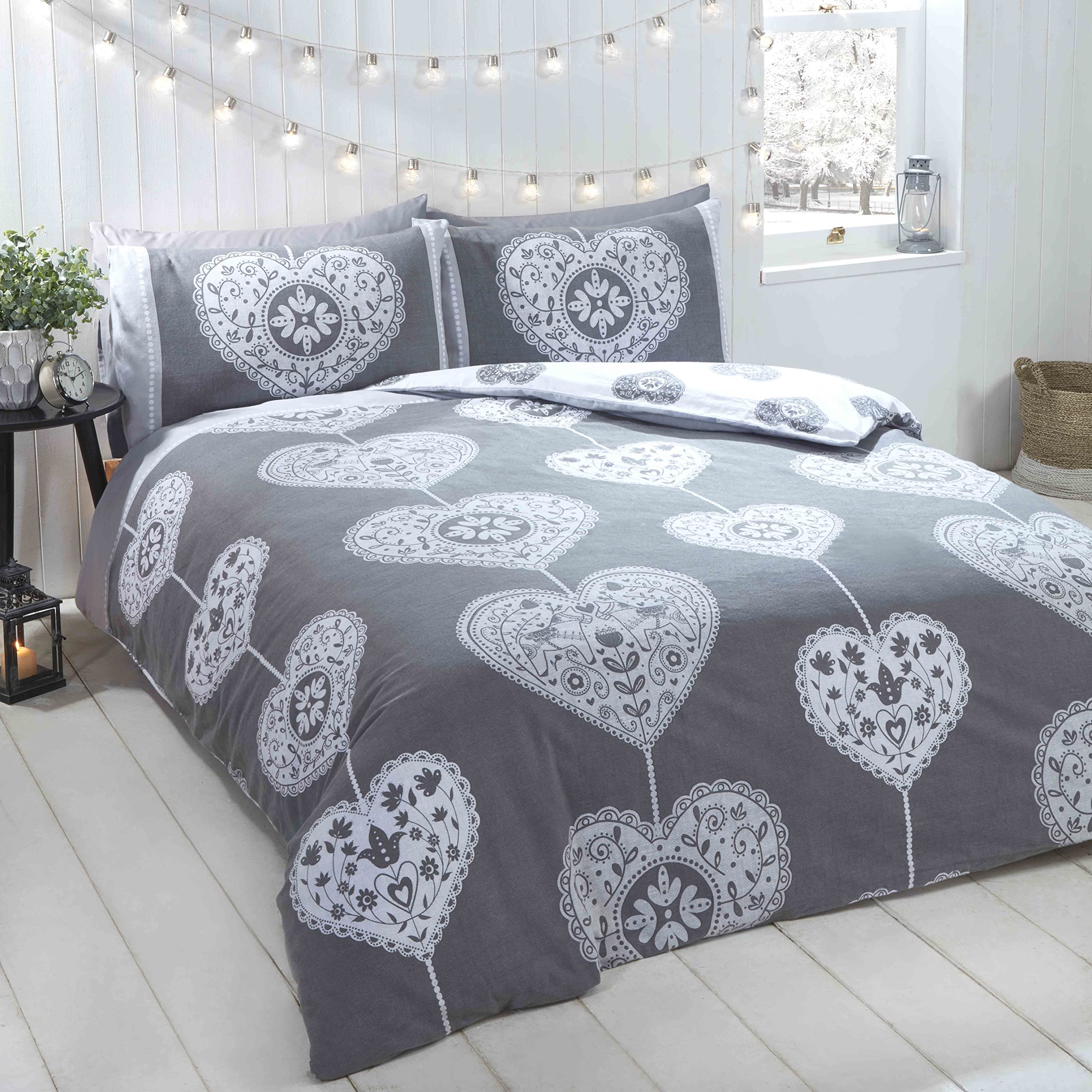 Rapport Home Hearts Christmas Scandi Duvet Cover Set, Cotton, Grey,3 pieces, Double