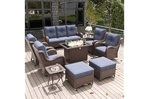 LayinSun 10Pcs Patio Furniture Set with Fire Pit Table, Rattan Wicker Swivel Rocker Chairs, Glider, Single Chairs, Ottomans & Coffee Table (Brown/Navy), Modern Style
