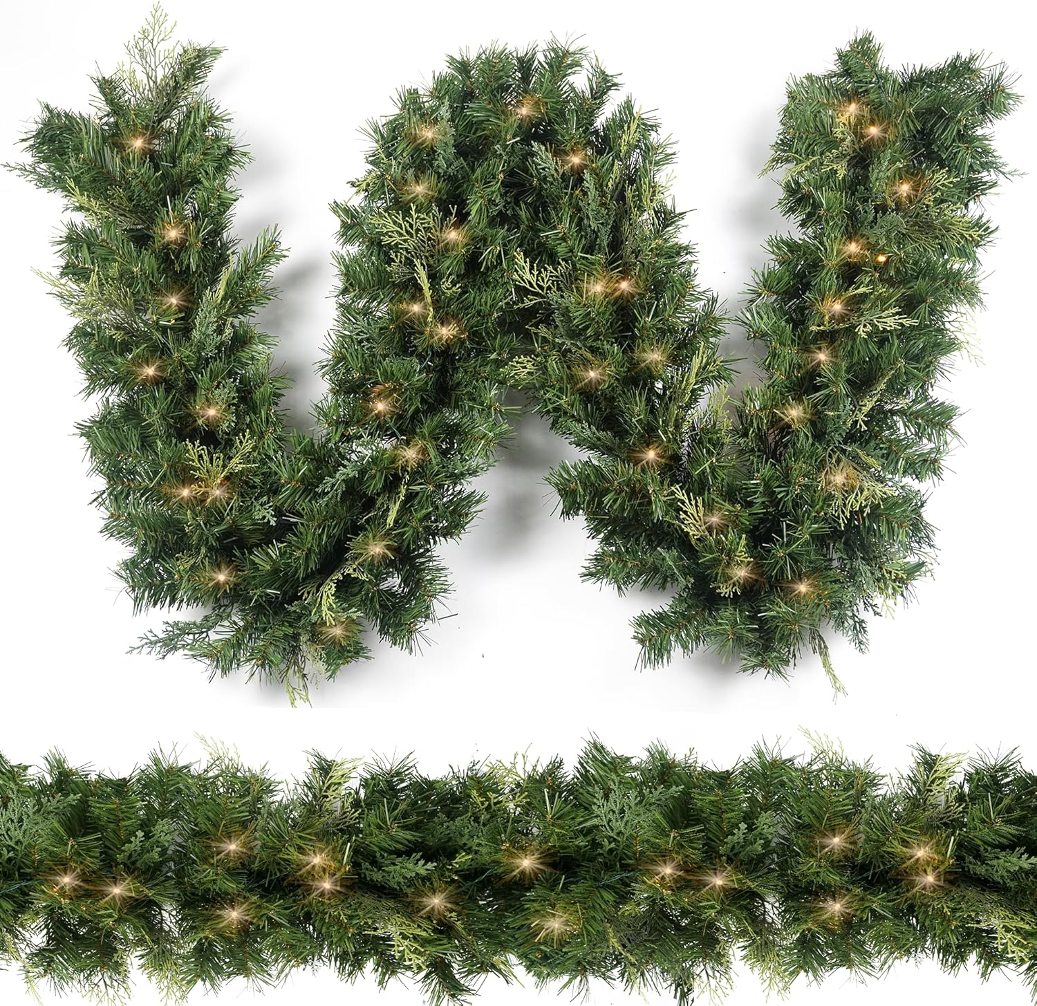 Wreaths, Garlands & Swags - HomeKaren Christmas Garland with 50 Lights 9 Ft, Prelit Xmas Garlands with Cypress Leaf, Battery Operated Christmas Decor for Mantle Staircase Indoor and Outdoor