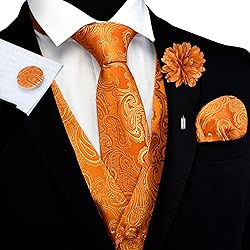 GUSLESON Mens Paisley Orange Gold Suit Vest Tie and