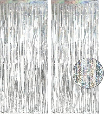 GREATRIL Silver Foil Fringe Curtain Backdrop 3.2 ft x 8.3 ft Pack of 2