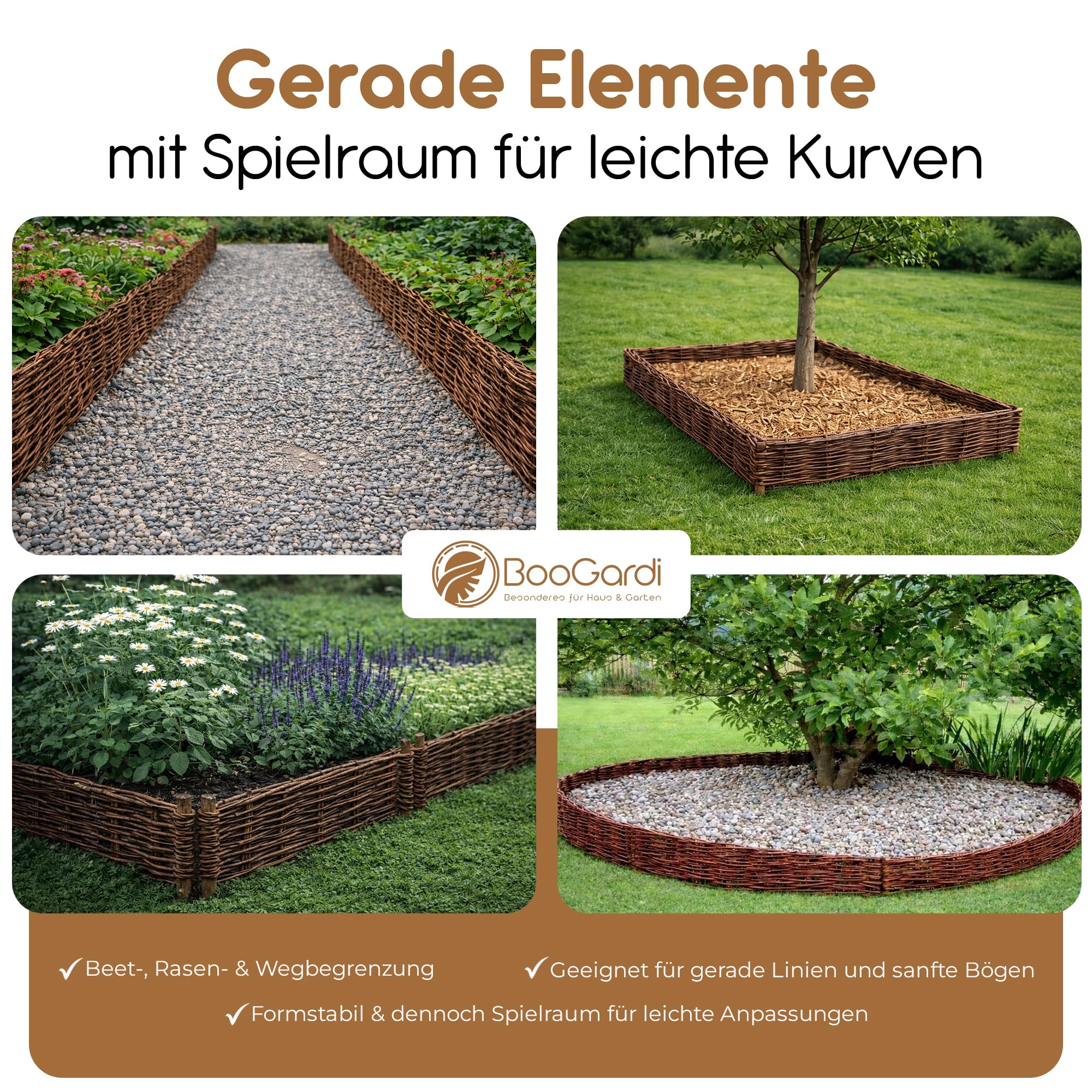 BOOGARDI Beeteinfassung Holz · 12 Größen · 10x Weidenzaun 20 cm hoch x 120 cm lang · Garten Steckzaun zur Beetumrandung · Rasenkanten zur Beetbegrenzung aus Weide 2