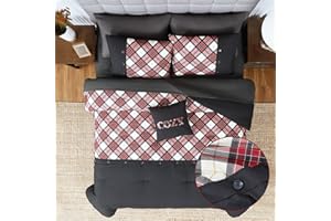WRENSONGE Plaid Queen Comforter Set, 8 Pieces Red Printed and Spliced Plaid Herringbone Bedding Set, Microfiber Soft Farmhouse Comforter Set with Decor Pillow, Lightweight Breathable for All Seasons