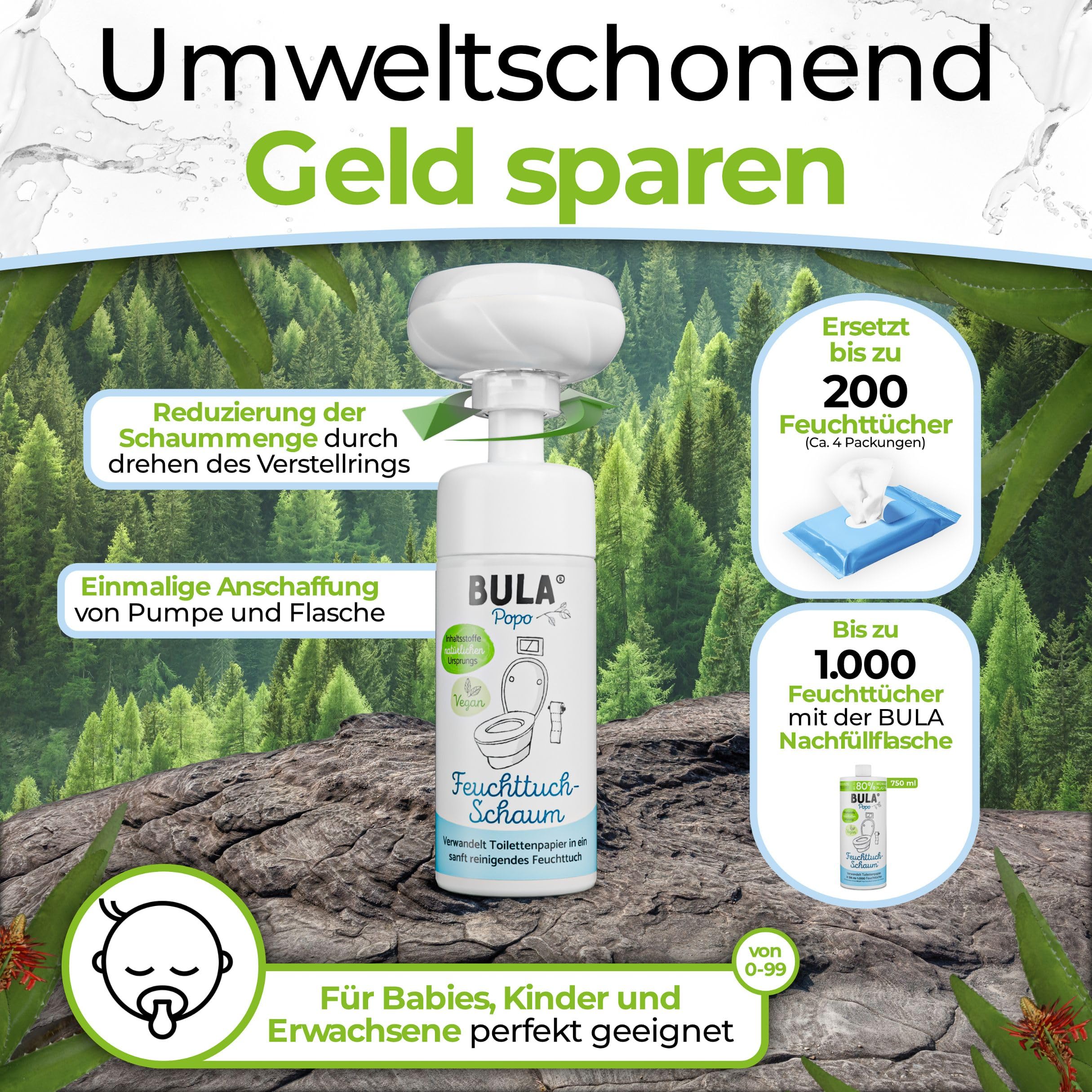 BULA® Popo Home Bundle | Feuchttuch-Schaum 150ml Flasche + Blumen-Schaumpumpe inkl. Edelstahl Halter | Popo Schaum als nachhaltige Alternative für (Baby u. Toiletten-) Feuchttücher | BULA Starterset 4