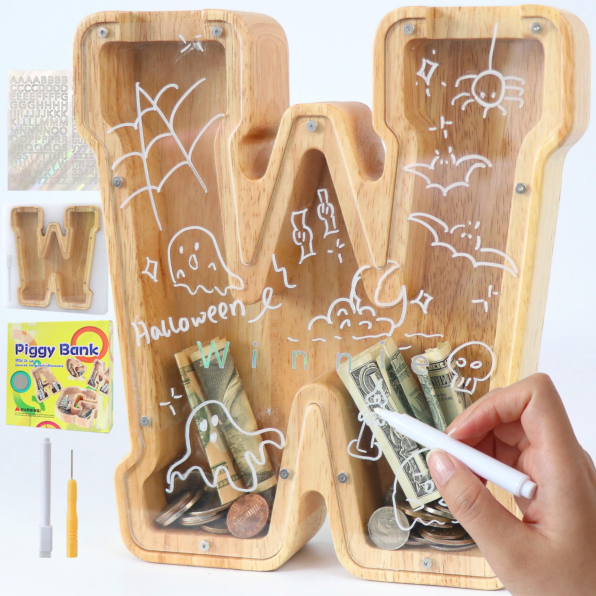 Mikytoper Letter Money Box for Kids Large Wooden Personalized A-Z Piggy Bank Clear Alphabet Money Bank Coin Bank for Gift Decoration Baptism (W)