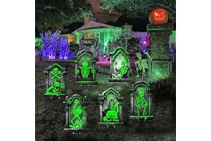 CINIQY Glow in The Dark Halloween Tombstones Graveyard Skeleton Devil Decoration, 6pcs 11.5”x16.53 Yard Signs, Outdoor or Indoor Scary Decor, Waterproof Party Props, Cemetery Halloween Decor