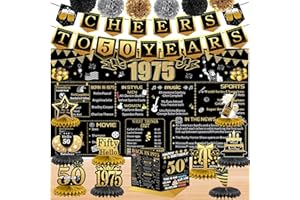 JOYCARD 50th Birthday Decorations for Women Men, 18PCS Black Gold Back in 1975 Banner Decorations, Bday Backdrop, 50 Year Old Banner for Mother Dad, Birthday Card, 6 Paper Poms 9 Honeycomb Balls