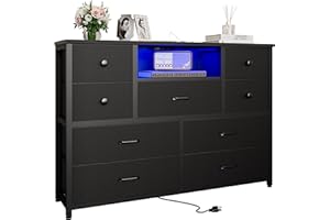 LDTTCUK Dresser, Black Dresser for Bedroom with LED Lights & Charging Station, TV Stand Dresser with 9 Drawers, Long Fabric Dressers Chest of Drawers with PU Finish for Living Room, Bedroom, Closet