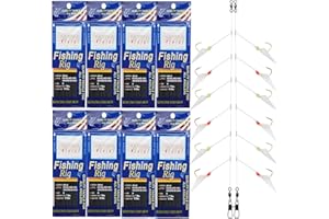 JOGFFDE Fishing Bait Rigs Saltwater-8 Packs Fishing Lures Bait Rig with Real Fish Skin Glow Beads Sharp Hooks Swivels Surf Fishing Rigs Sea Bass Cod Herring Hook Rig Size 4 6 8