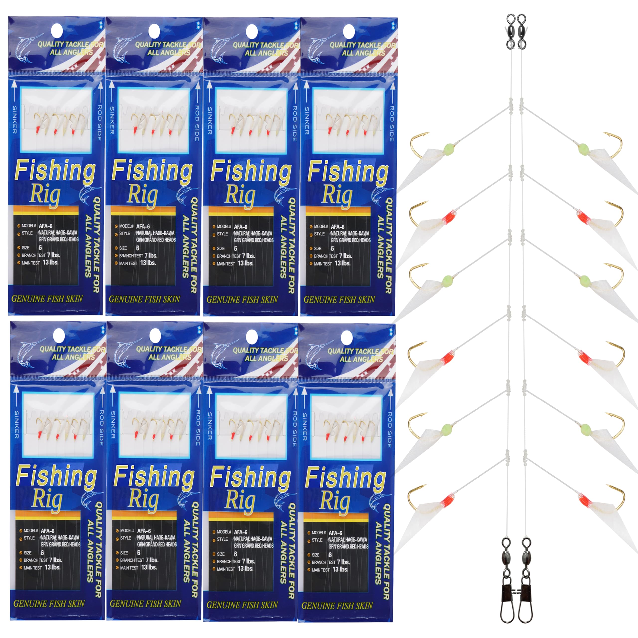 Photo 1 of Fishing Bait Rigs Saltwater-8 Packs Fishing Lures Bait Rig with Real Fish Skin Glow Beads Sharp Hooks Swivels Surf Fishing Rigs Sea Bass Cod Herring Hook Rig Size 4 6 8(A4)