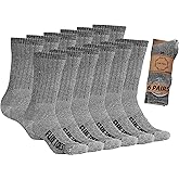 FUN TOES Men's Hiking Crew Merino Wool Socks 6 Pairs Lightweight, Reinforced Size 8-12
