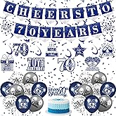 Blue & Silver 70th Birthday Banner, Balloons & Cake Topper for Men & Women - Swirls & Navy Blue Decorations