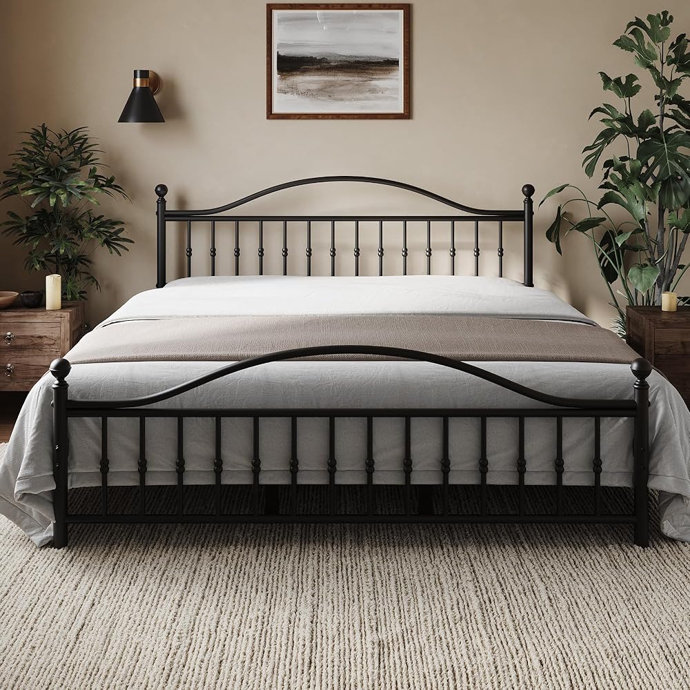 Classic Metal Bed Frame, King Bed Frame with Victorian Vintage headboard, Footboard and Under Bed Storage,Easy Assembly, No B