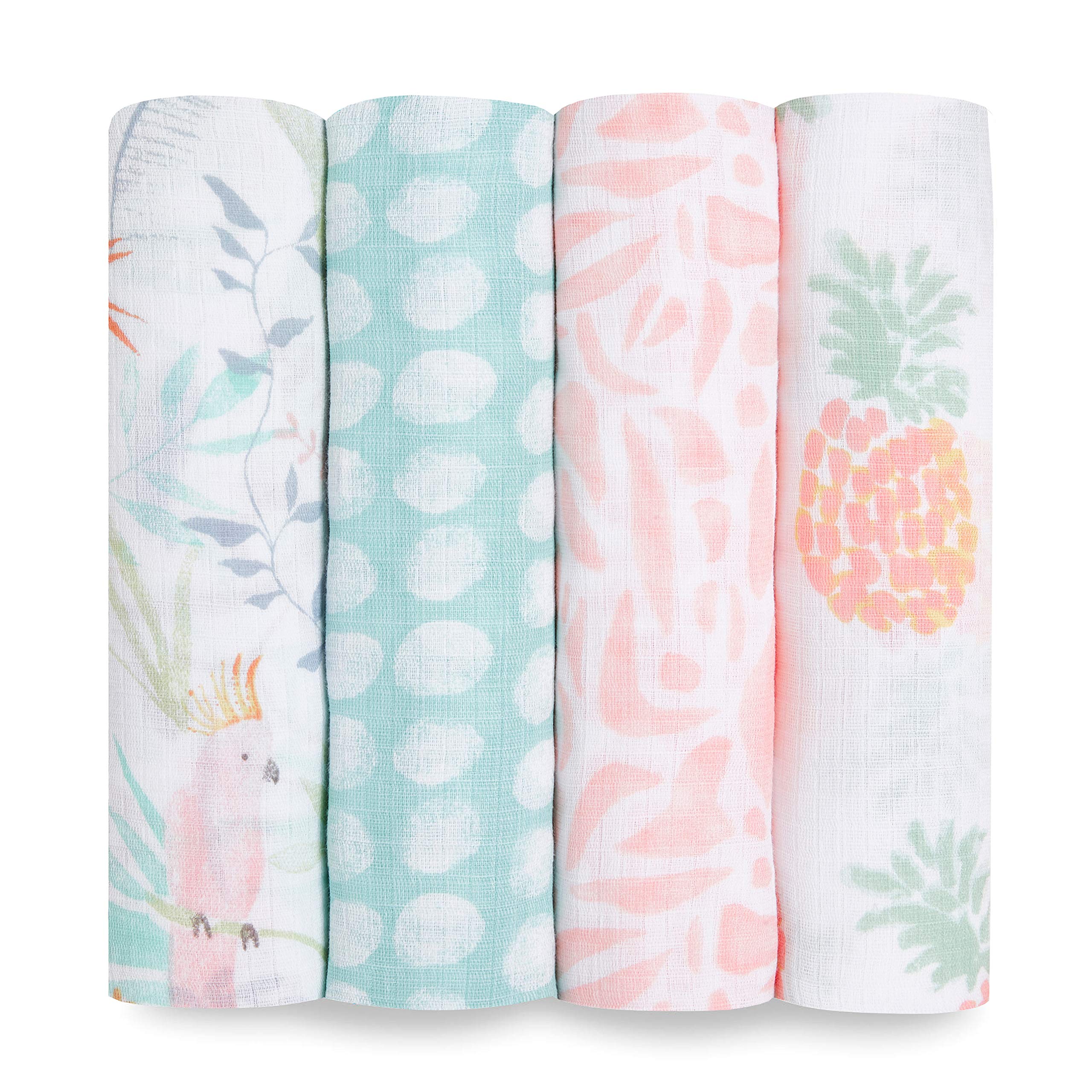 aden + anais essentials 100% Cotton Muslin Swaddle & Receiving Blanket for Baby Girls & Boys, 112x112cm, Newborn Swaddling Set, Infant & Toddler Shower Gift, 4 Pack, tropicalia