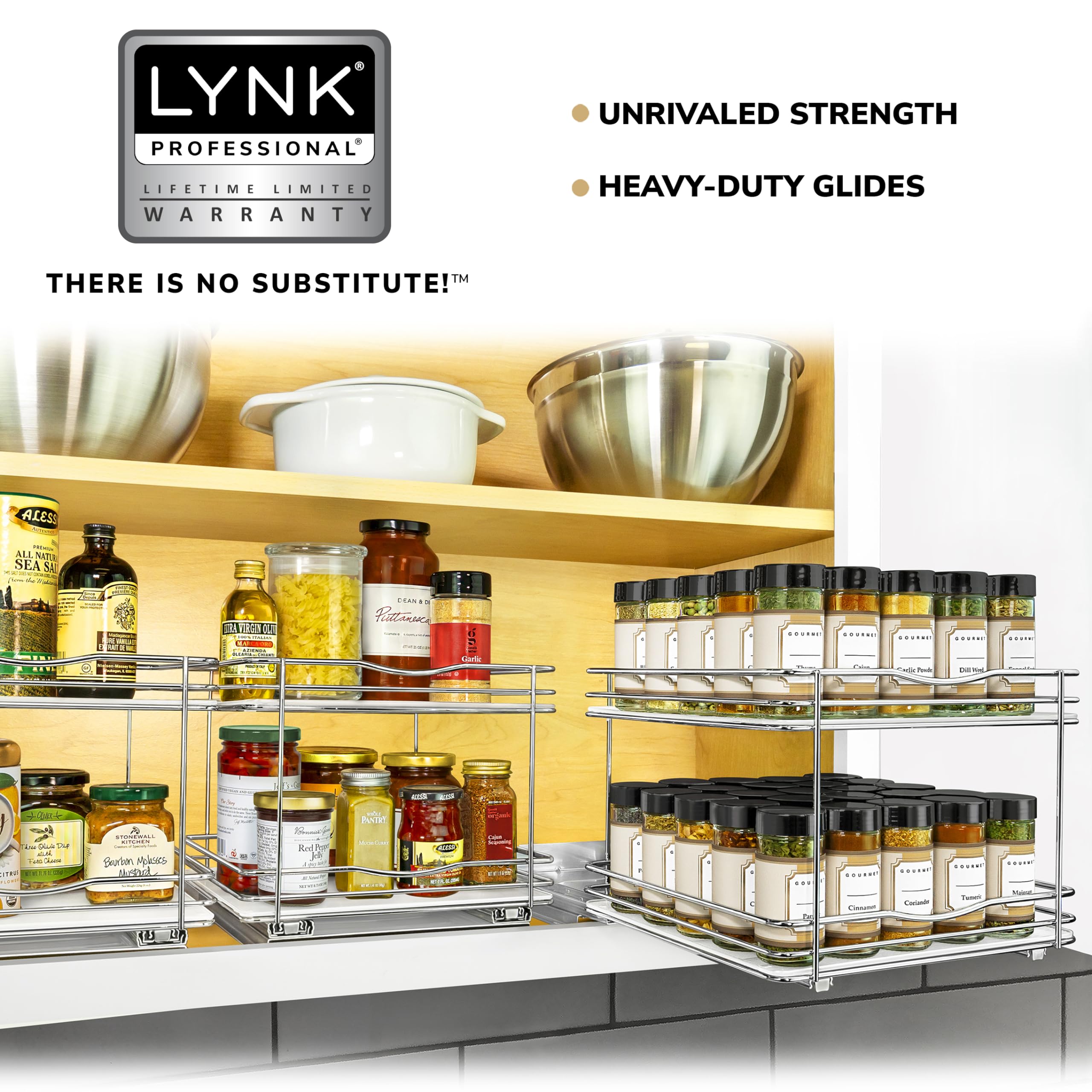 LYNK PROFESSIONAL® Pull Out Spice Rack Organizer for Inside Kitchen Cabinets - 10-3/8 inch Wide - Slide Out Drawer – Chrome Sliding Spice Cabinet Organization Shelf Racks - 2 Tier