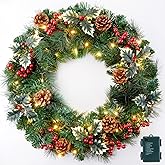 24 Inch Prelit Christmas Wreath for Front Door, Battery Operated LED Christmas Wreath with Pine Needles Branches Hari Leaves Red Berry Pine Cones, Lighted Wreath Wall Windows Decoration