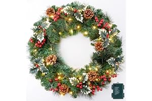 BRIGHTOWN 24 Inch Prelit Christmas Wreath for Front Door, Battery Operated LED Christmas Wreath with Pine Needles Branches Hari Leaves Red Berry Pine Cones, Lighted Wreath Wall Windows Decoration