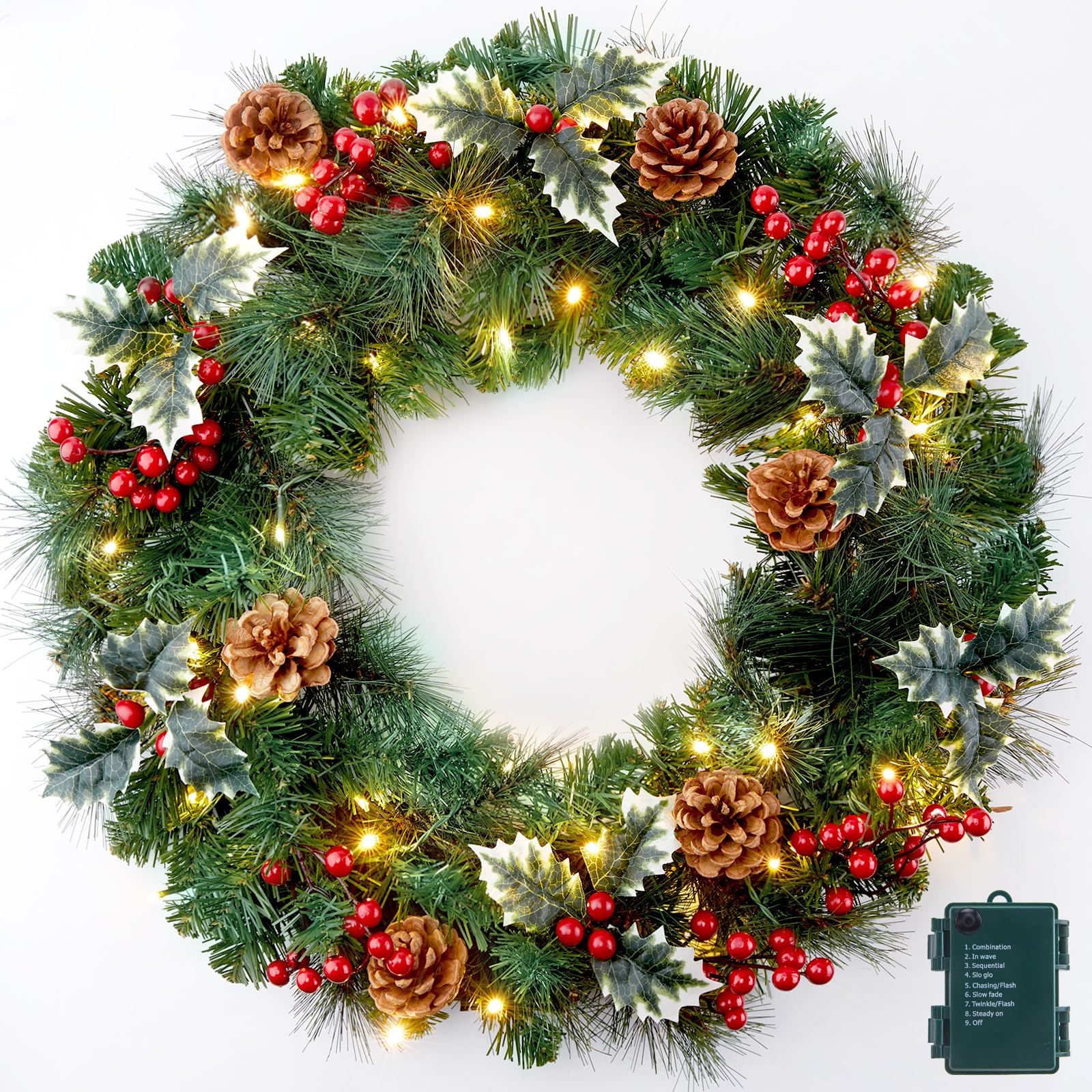 Photo 1 of 24 Inch Prelit Christmas Wreath for Front Door, Battery Operated LED Christmas Wreath with Pine Needles Branches Hari Leaves Red Berry Pine Cones, Lighted Wreath Wall Windows Decoration
