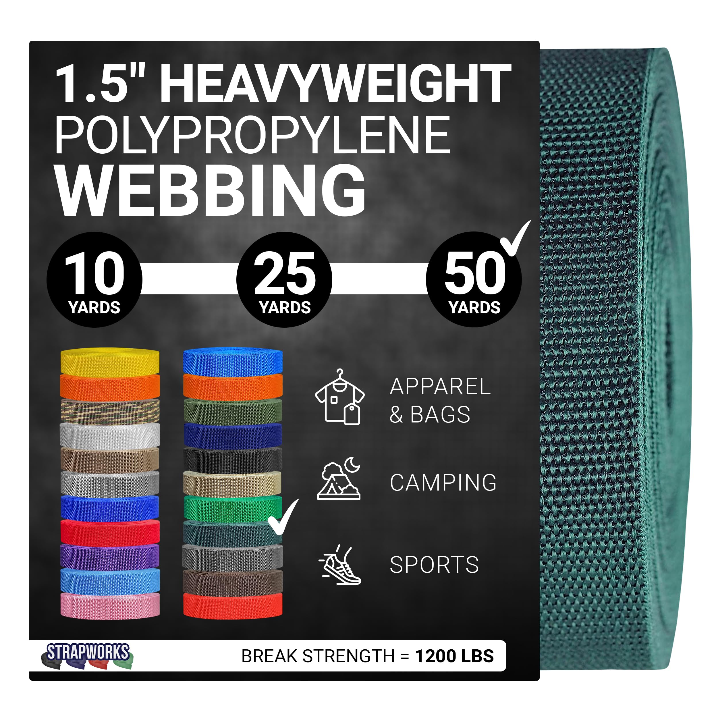 Strapworks Heavyweight Polypropylene Webbing - Heavy Duty Poly Strapping for Outdoor DIY Gear Repair, 1.5 Inch x 50 Yards, Forest Green Image