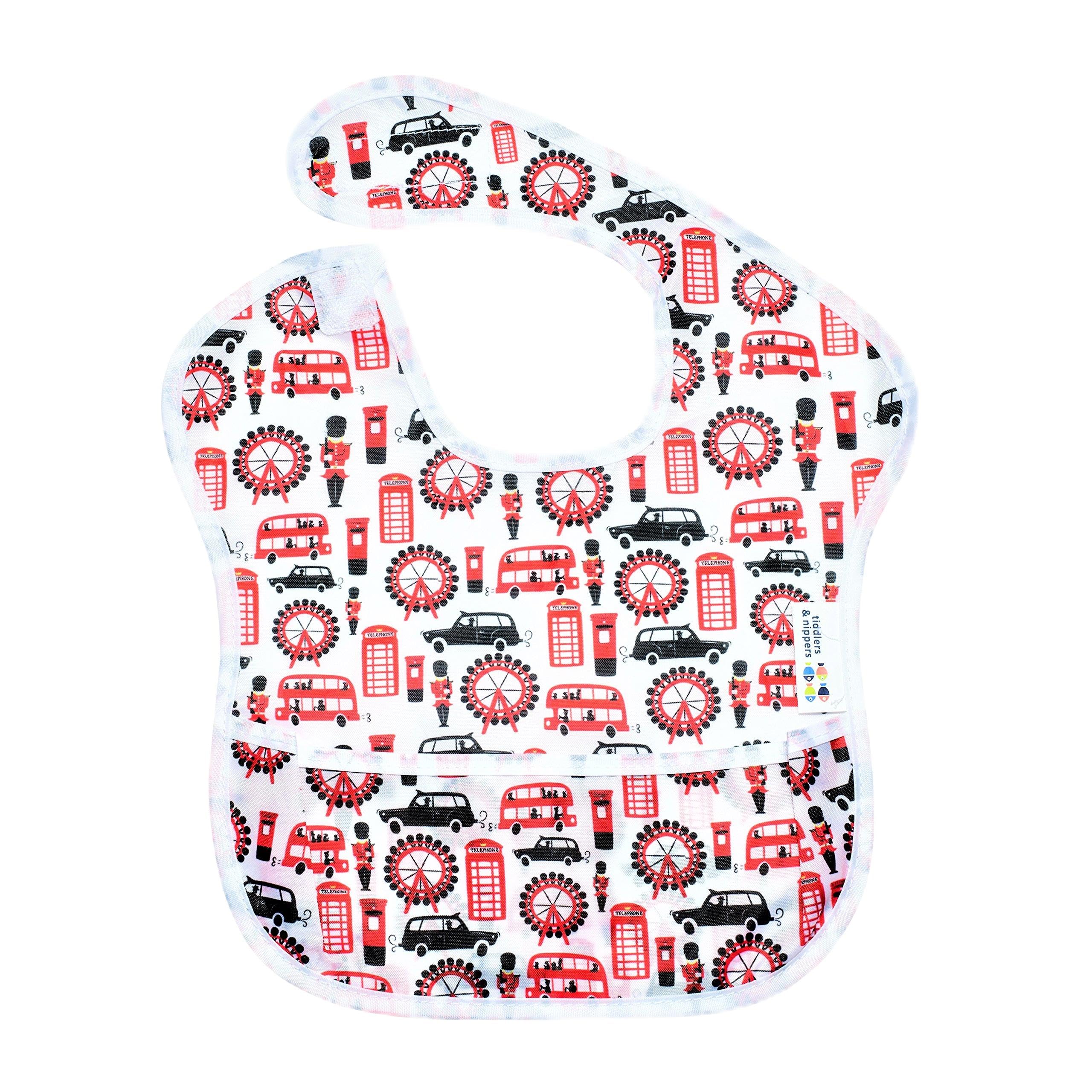 tiddler easy-bib | For 6-36 months | Waterproof & Wipe Clean | Integrated Spill Catch Pocket & Easy-Fit Adjustable Fasten | Lightweight & Machine Washable (1x London Landmarks)