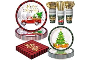 FIGHTING TO ACHIEVE Merry Christmas Party Tableware Supplies, 168PCS Christmas Plates Napkins Cups and Gold Cutlery Set, 24 Set Red Plaid Xmas Disposable Dinnerware Set for Party Decorations
