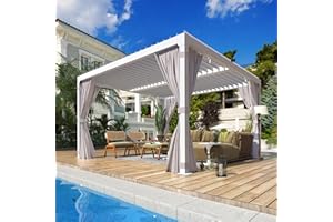 YOLENY Louvered Pergola - 10x10, All Aluminum with Adjustable Rainproof Roof, Outdoor Pergola with Curtains and Nets for Patio & Garden, White
