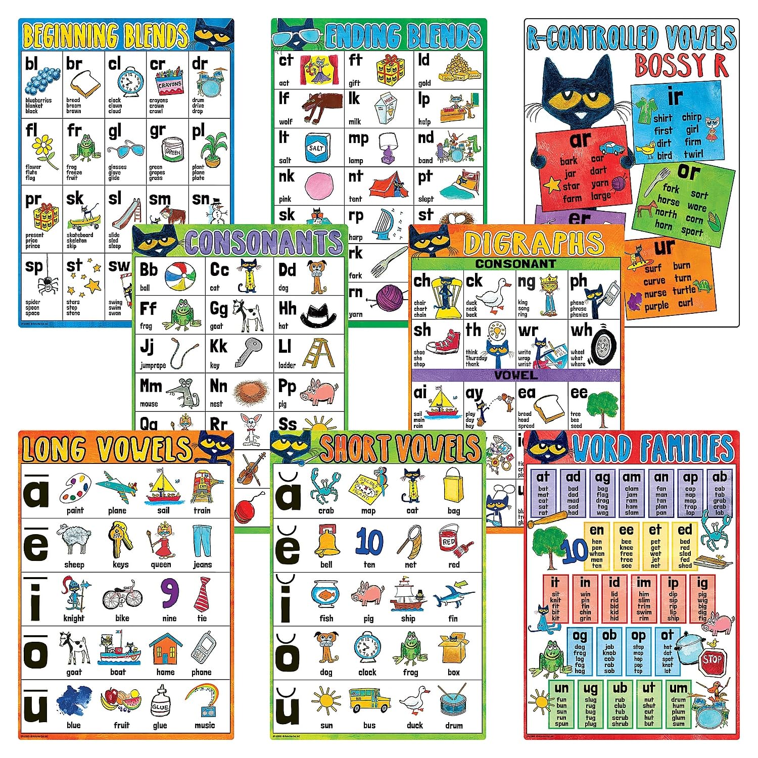 Teacher Created Resources Pete the Cat Phonics Small Poster Pack, 11" x 15-3/4", Pack of 8