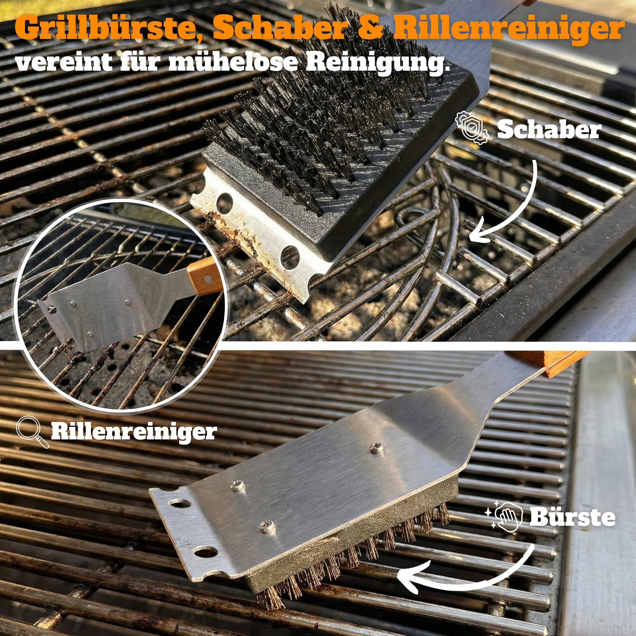 Grillset für Männer Geschenk - Premium Grill Set mit Ledertasche, Grillbesteck & Grillzubehör, Holzgriffe, 3 in 1 Wender mit Flaschenöffner und Schneidekante 4