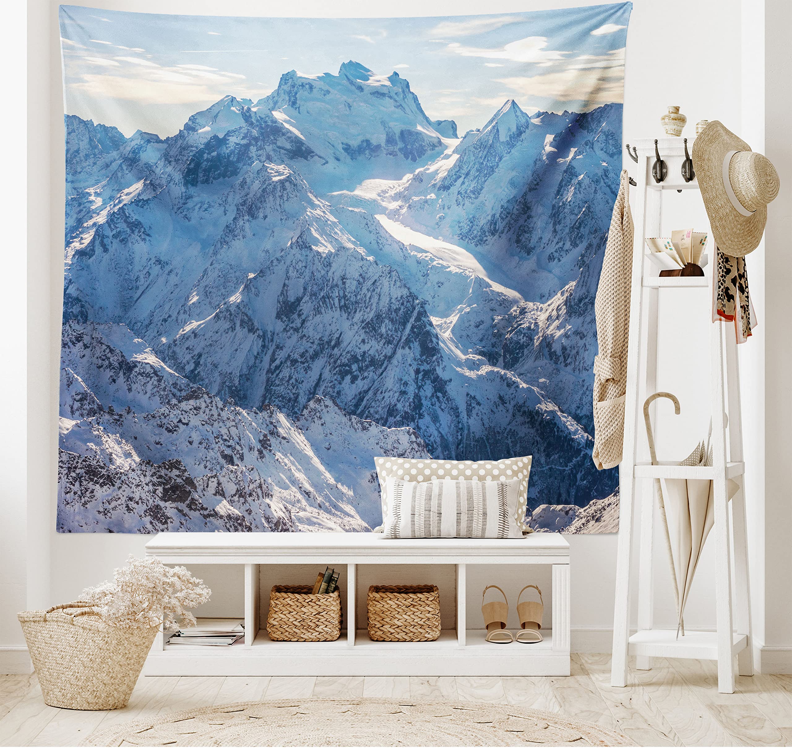 ABAKUHAUS Mountain Tapestry, Snowy Mountain Scene under the Sky Winter Wilderness Untrodden Nature Print, Fabric Wall Hanging Decor for Bedroom Living Room Dorm, 58 W X 43 L, White and Blue