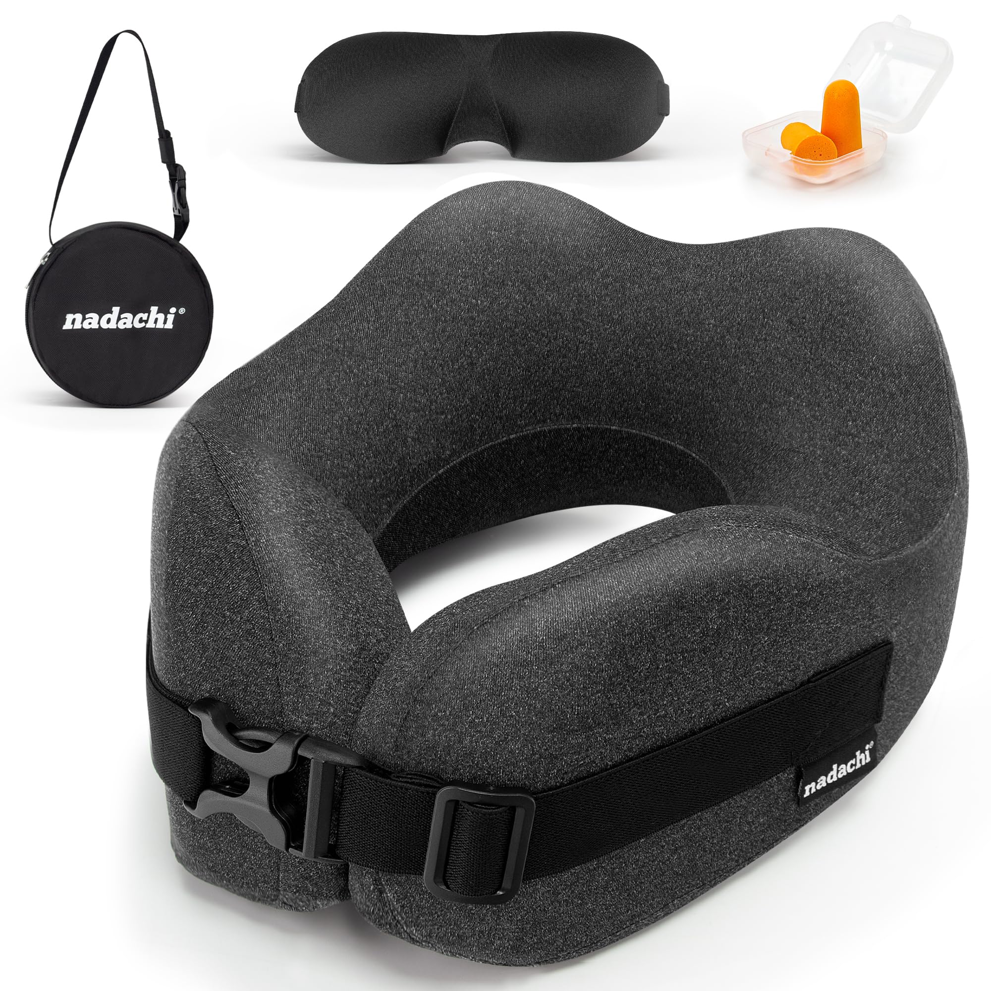 Photo 1 of *UNTESTED*
nadachi Neck Pillow Airplane Travel Set - Pure Memory Foam Travel Neck Pillow, Plane Pillow for Long Flights Essentials, Sleeping with 3D Contoured Eye Mask, Earplugs, Portable Bag (Darkgray-M)