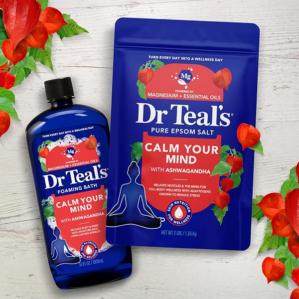 DR TEAL’S EPSOM SALT MAGNESIUM SOAK, ASHWAGANDHA & ESSENTIAL OILS, 3 LBS (PACK OF 4)
