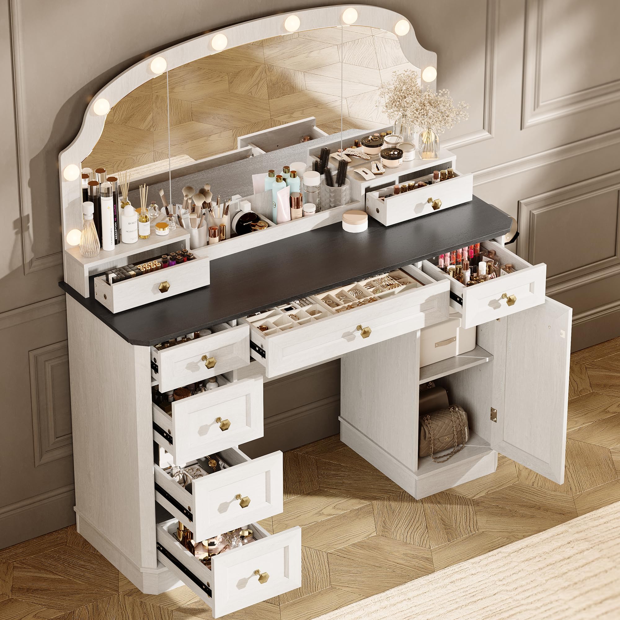 Photo 1 of ***PARTS ONLY ***** AMBERHAUS Farmhouse Makeup Vanity Desk with Mirror and Lights, 47'' Vanity Table with 8 Storage Drawers 1 Cabinet & 2 Organizer Trays, Large Dressing Table with Charging for Bedroom Rustic Black