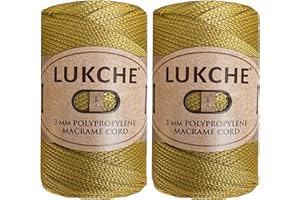Lukche 3mm Premium Polyester Macrame Cord (147 Yards) 100% Polypropylene Premium Macrame Rope, Colorful Yarn Crochet Macrame Bag Craft for Wall Hangers, Bags, Bottom Plates, Carpets (Gold, 2 Skein)