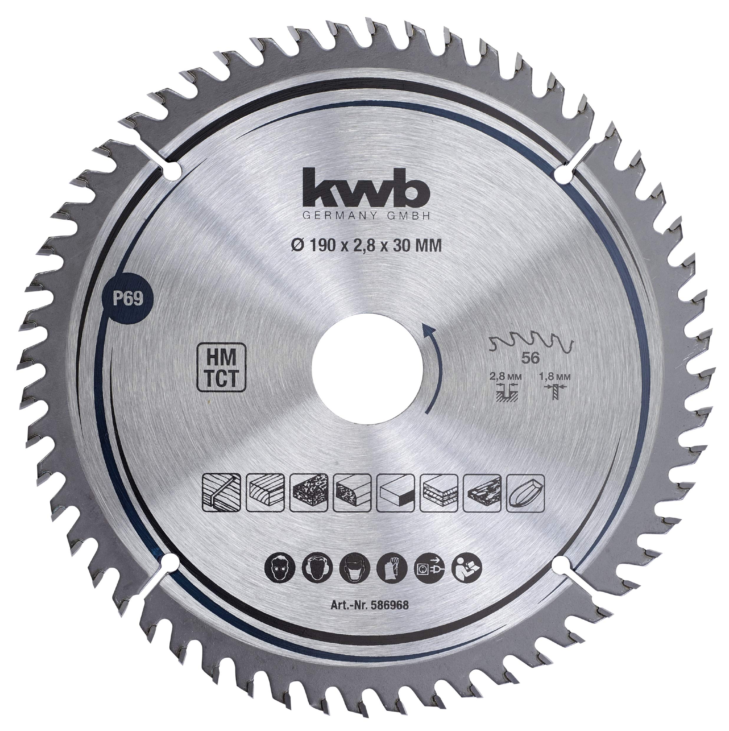 kwb 586968 Carpenter Circular Saw Leaf, Wood/Hardwood, 190 x 30 mm cuts, high Number, 56 Teeth Z-56, Precision Saw Blade fine, 190 x 30