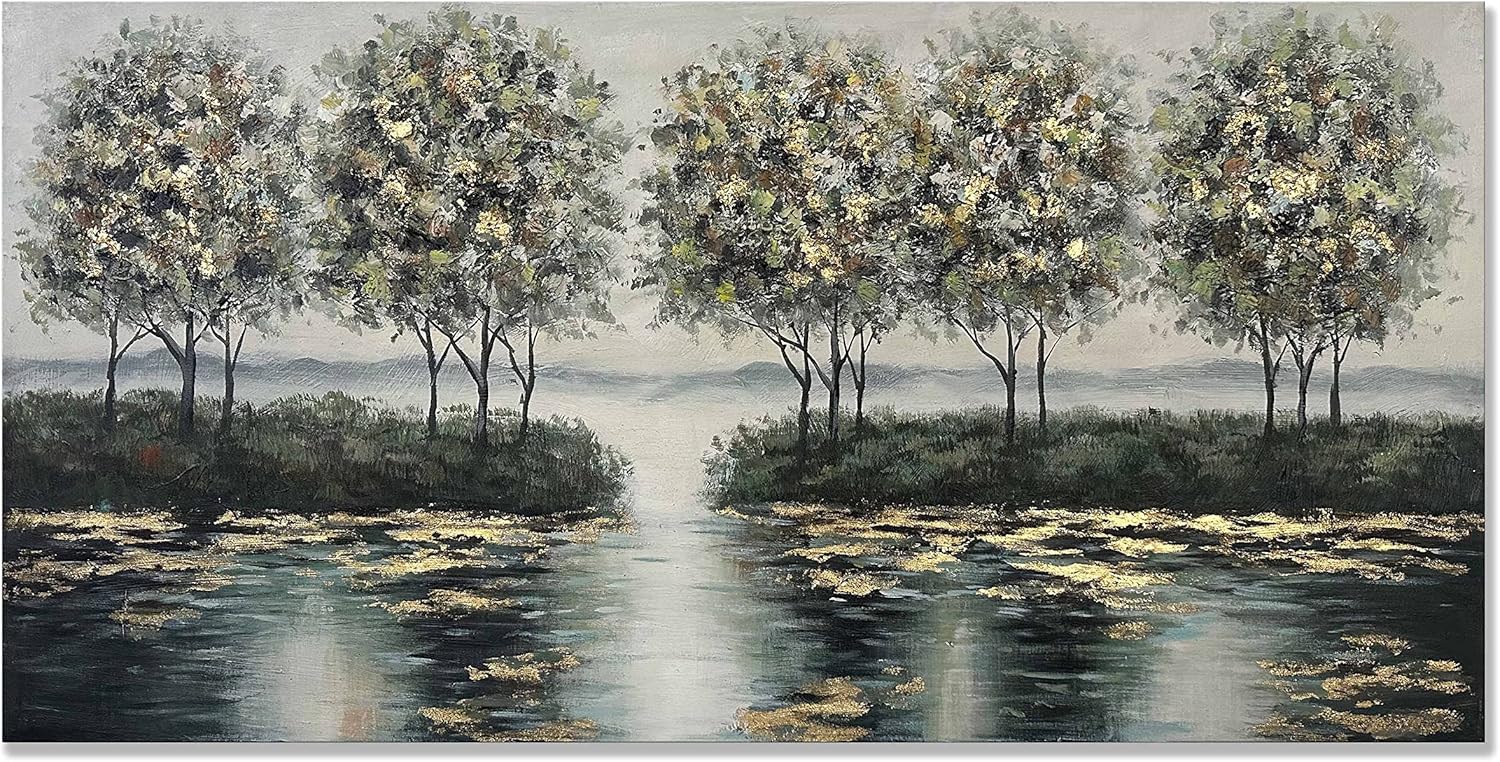 Paintings - Alenoss Handmade Tree Art 24x48 Inch Abstract Modern 3D Oil Painting On Canvas Framed Metal Artwork Landscape Gold Foil Paintings Wall Art For Living Room Bedroom Wall Decor