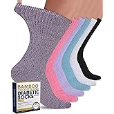 Pembrook Ribbed Knit Bamboo Viscose Diabetic Socks - 6 Pairs Crew Neuropathy Socks for Women | Diabetic Socks for Women
