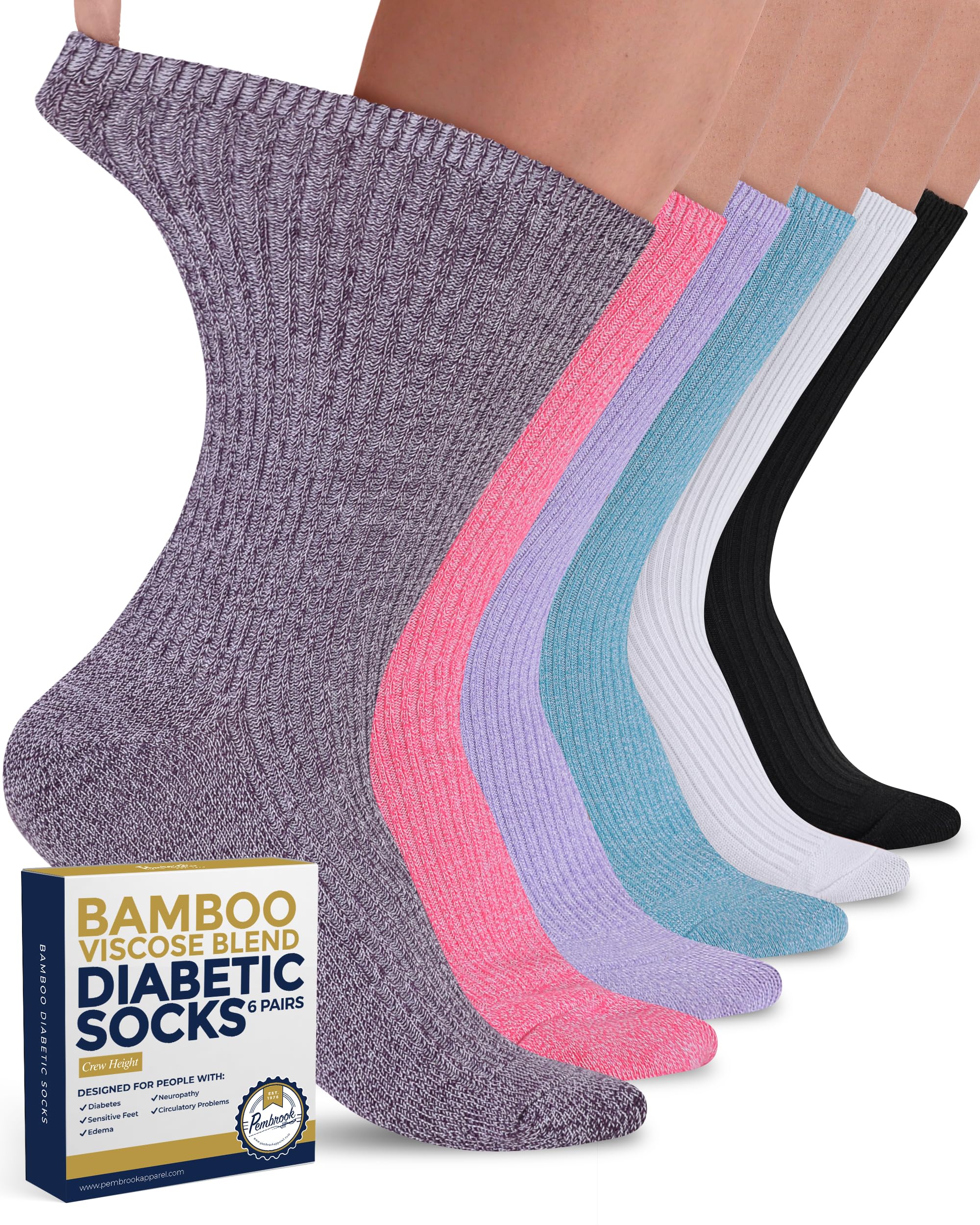 Photo 1 of Pembrook Ribbed Knit Bamboo Viscose Diabetic Socks for Women - 6 Pairs | Crew Neuropathy Socks | Black, White, Light Blue, Blue, Purple, Pink