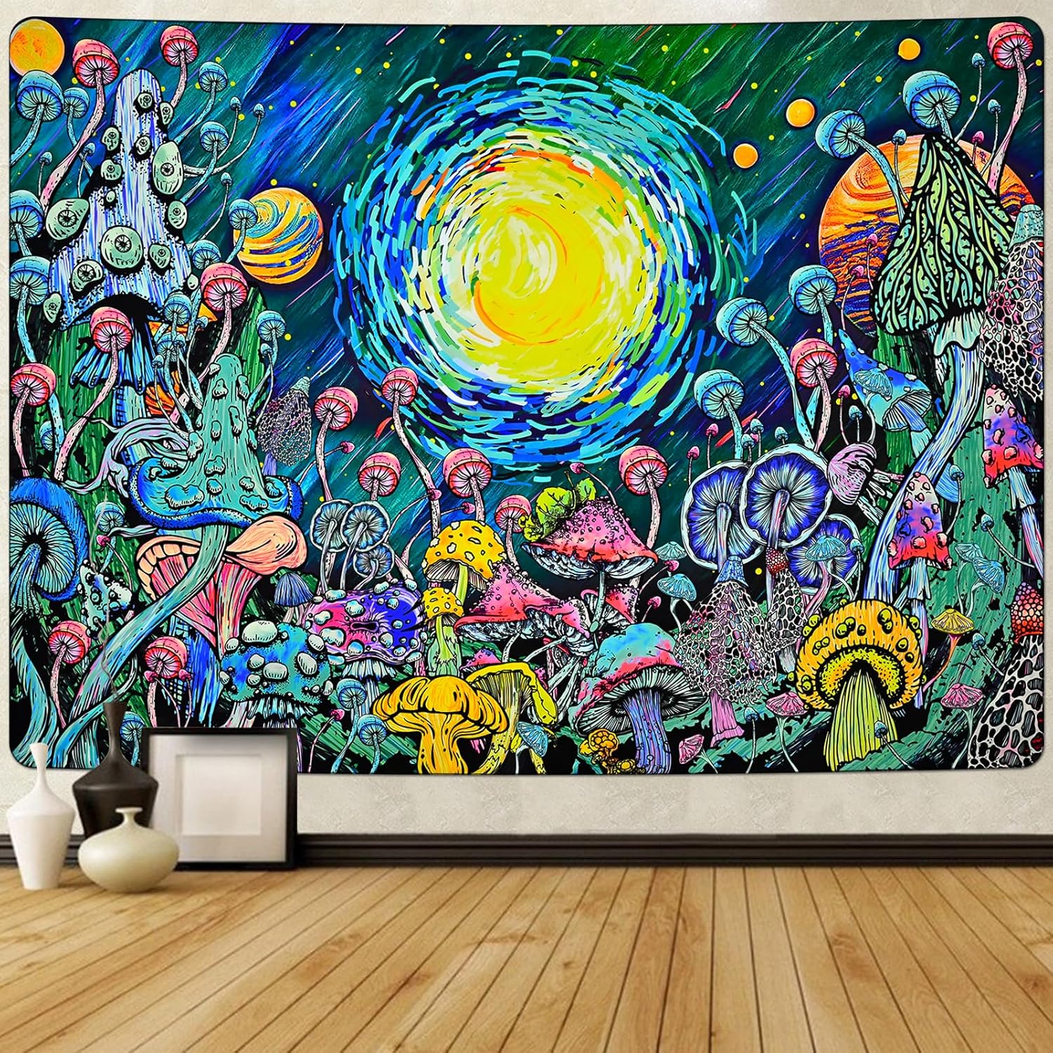 Tapestries - Krelymics Mushroom Tapestry Rainbow Moon Tapestry Aesthetic Plants Tapestries Galaxy Planet with Eyes Tapestry Wall Hanging for Bedroom(59.1 x 51.2 inches)