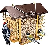 iBorn Bird Feeders for Outdoors,Bird Feeder with Double Suet Holders,Suet Feeder for Outside,Weatherproof Metal Roof,Easy to Refill&Clean,3.2 LBs Seed Capacity+2X Cake,1 Pack,Coffee Roof & Yellow Grid