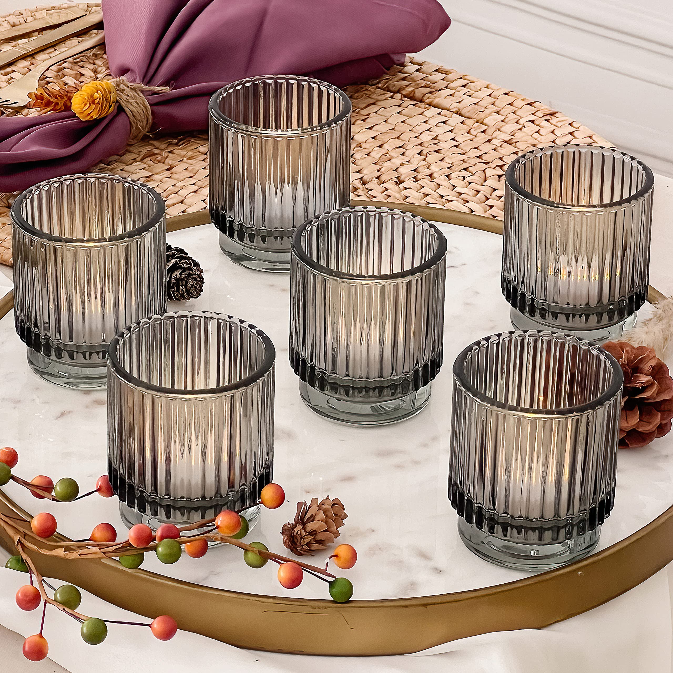 Photo 1 of Kate Aspen Ribbed Glass Candle Holder Set - 6 Smoke Gray Tealight Holders for Home, Kitchen, Room or Living Room Decor - Vintage Tea Light Votive Accent for Table or Shelf Styling