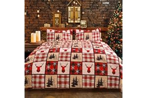 ROMROL Christmas Quilt Set Queen Size, Red Christmas Bedding Comforter Set Lightweight Patchwork Elks Quilted Coverlet Bedspread with 2 Pillow Shams（96 * 90”）